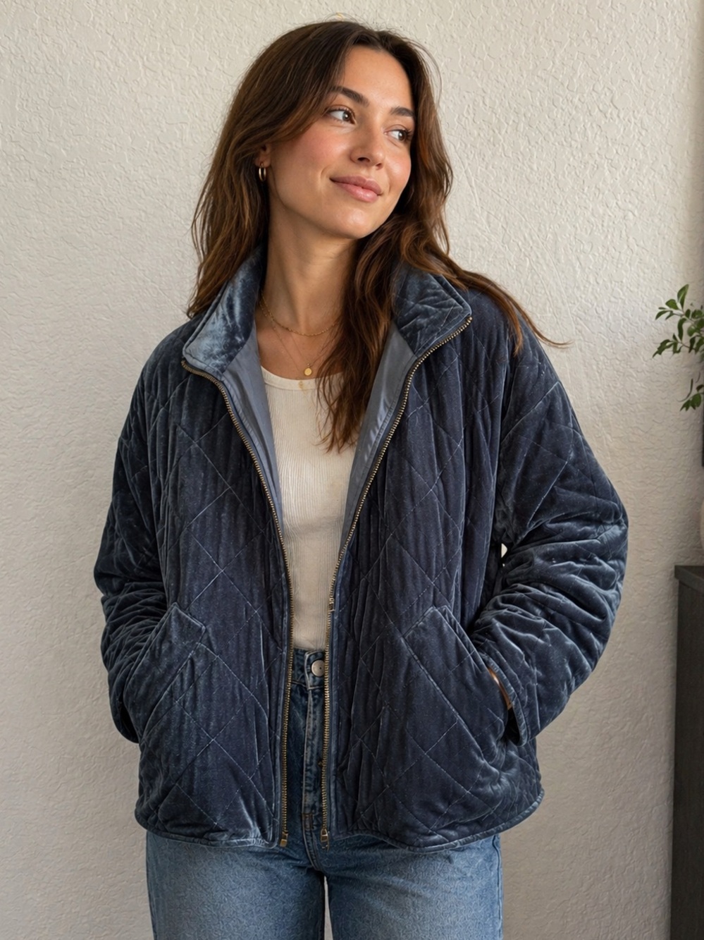 Anthropologie Avec Les Filles Blue Charcoal Quilted Velvet Jacket Size Large